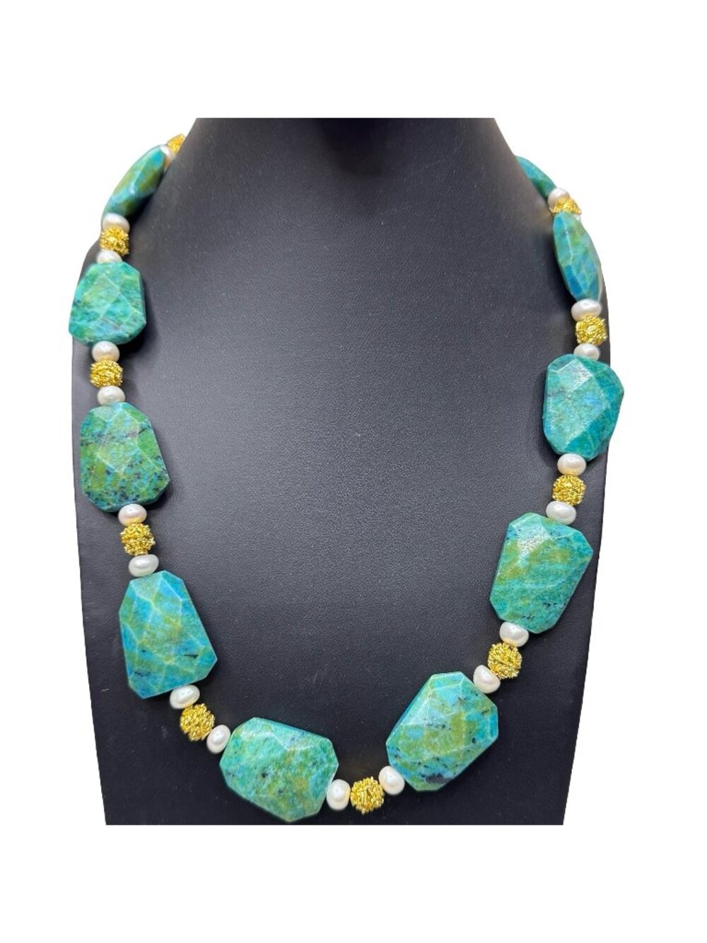 Vintage Stauer Green & Gold Stone Turquoise Faceted Necklace Pearl Accents 23"